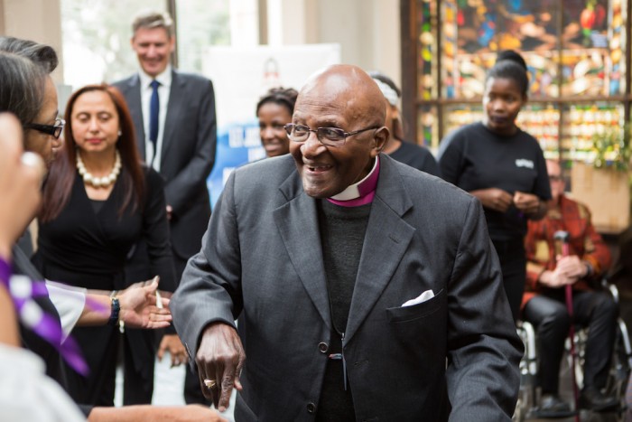 The Archbishop Desmond Tutu arrives at St George's Cathedral, Cape Town for the official dedication ceremony.